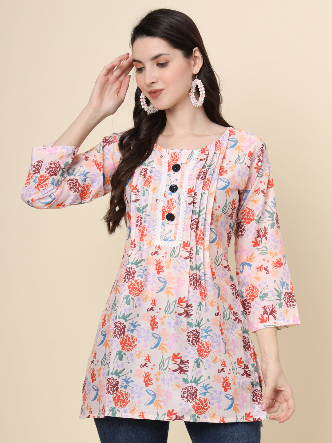 Peach Colored Cotton Printed  Tunic For Women