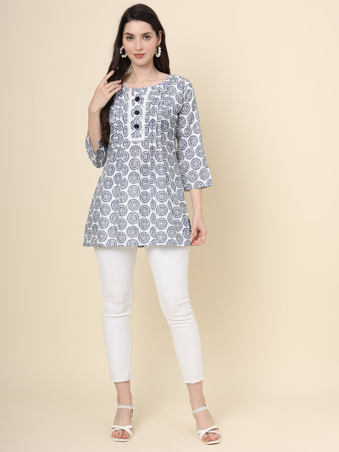 Grey Colored Cotton Printed  Tunic For Women