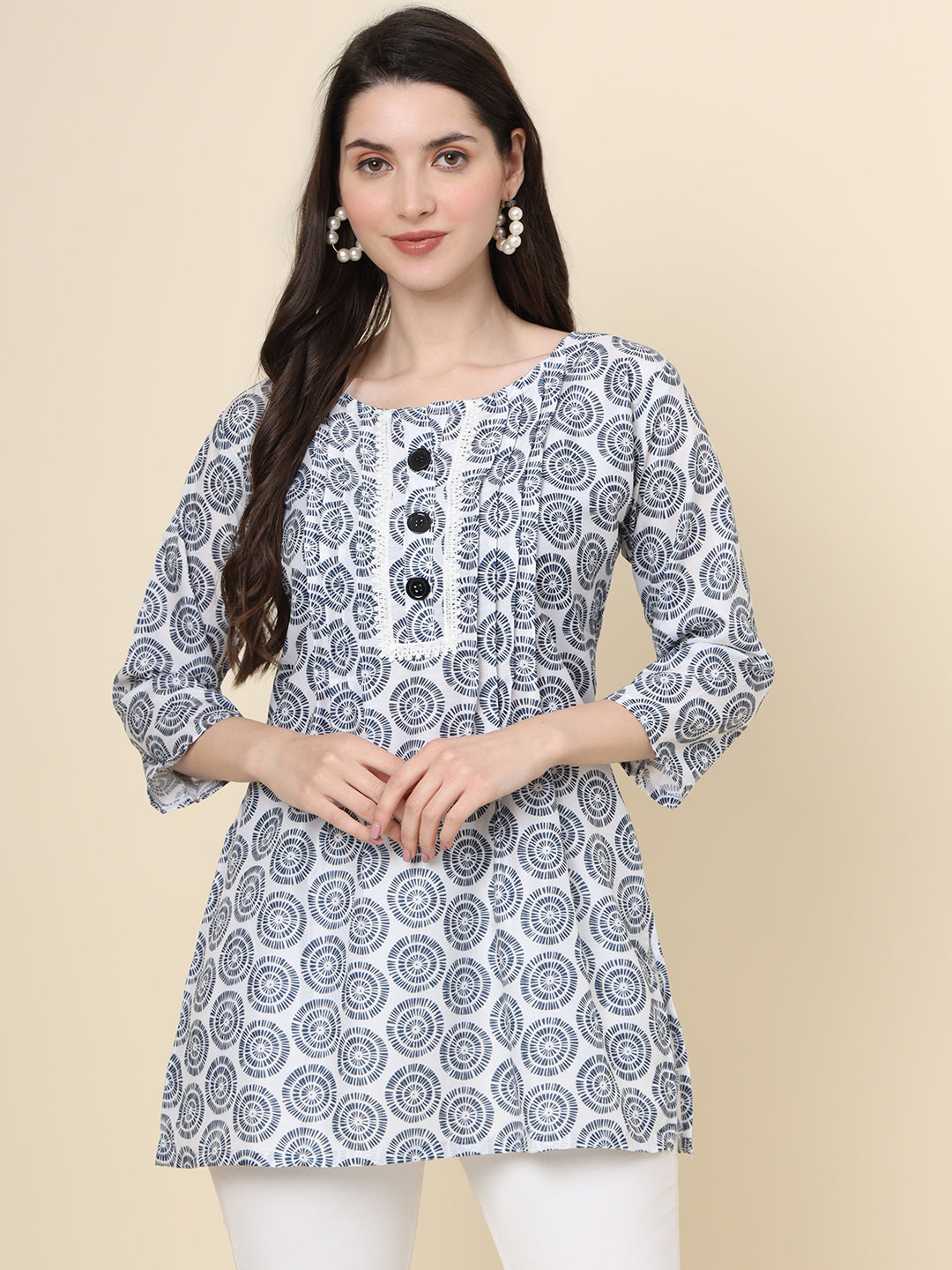 Grey Colored Cotton Printed  Tunic For Women