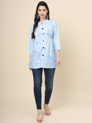 Sky Blue Colored Cotton Printed  Tunic For Women