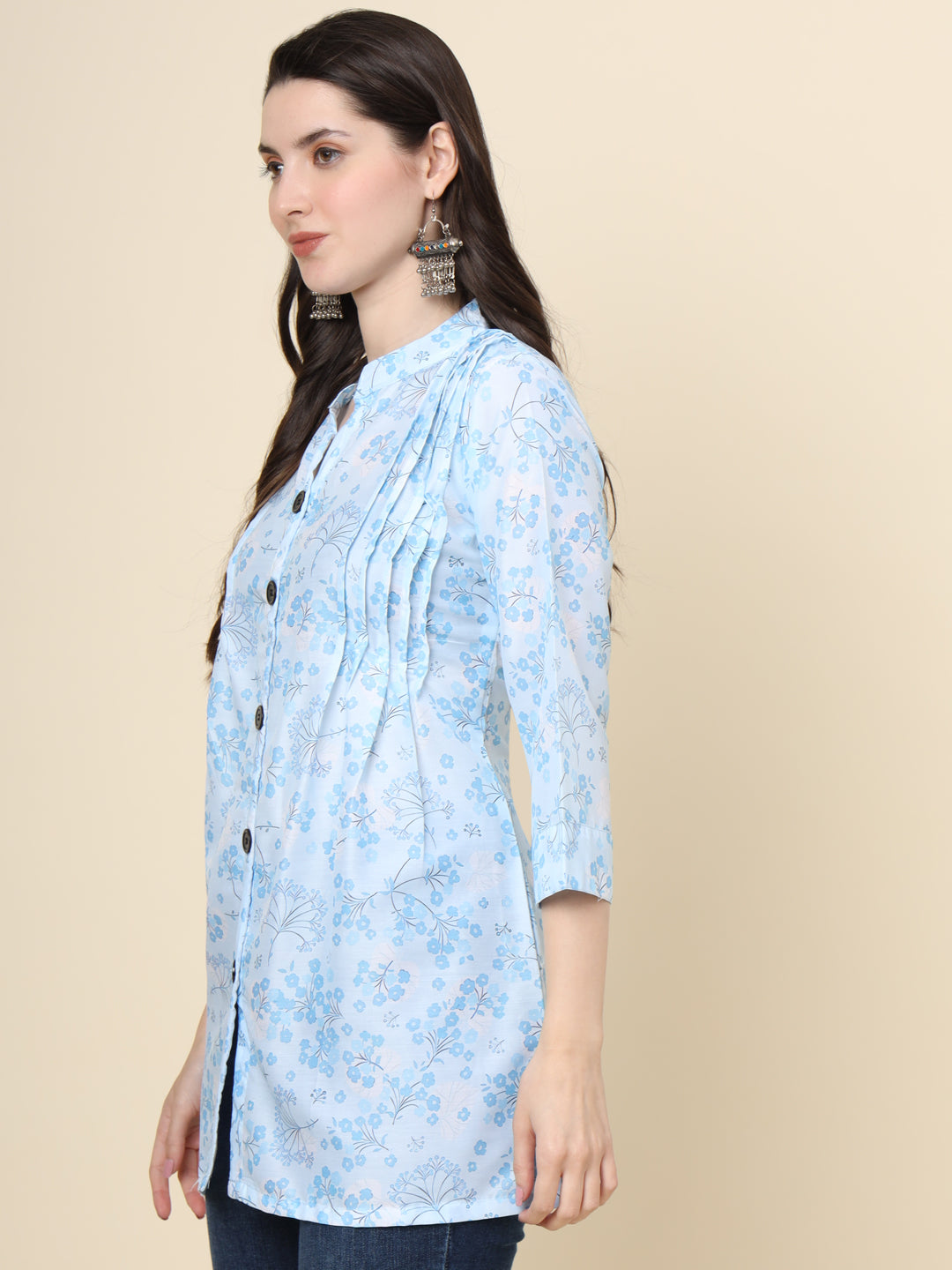 Sky Blue Colored Cotton Printed  Tunic For Women