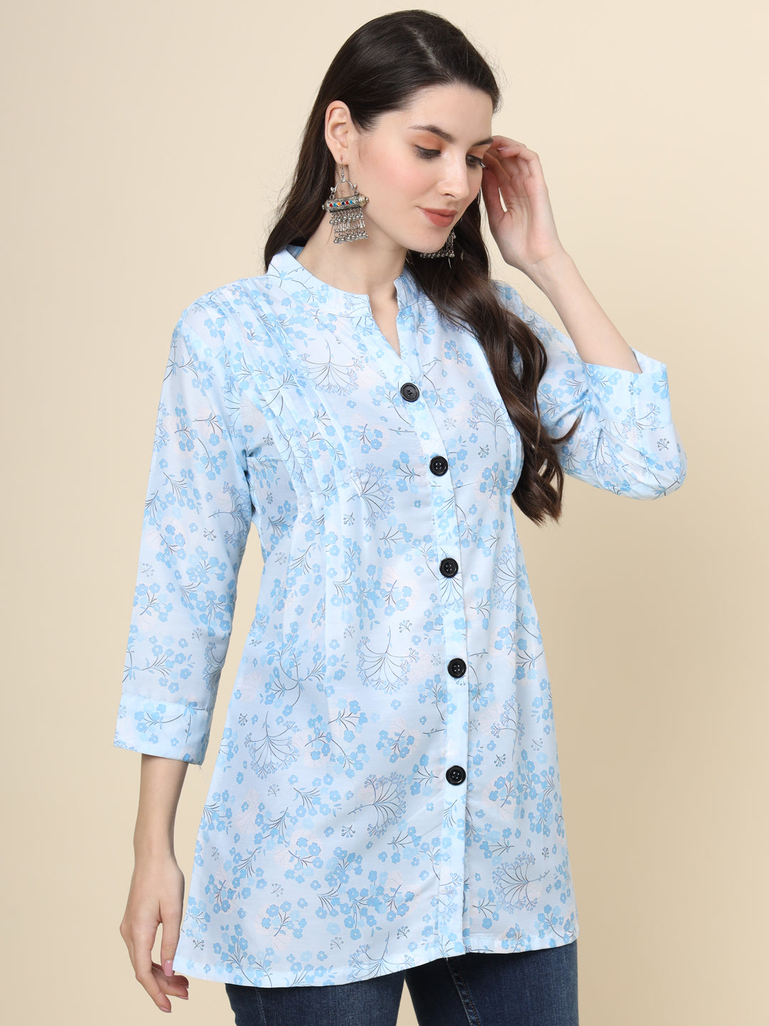 Sky Blue Colored Cotton Printed  Tunic For Women