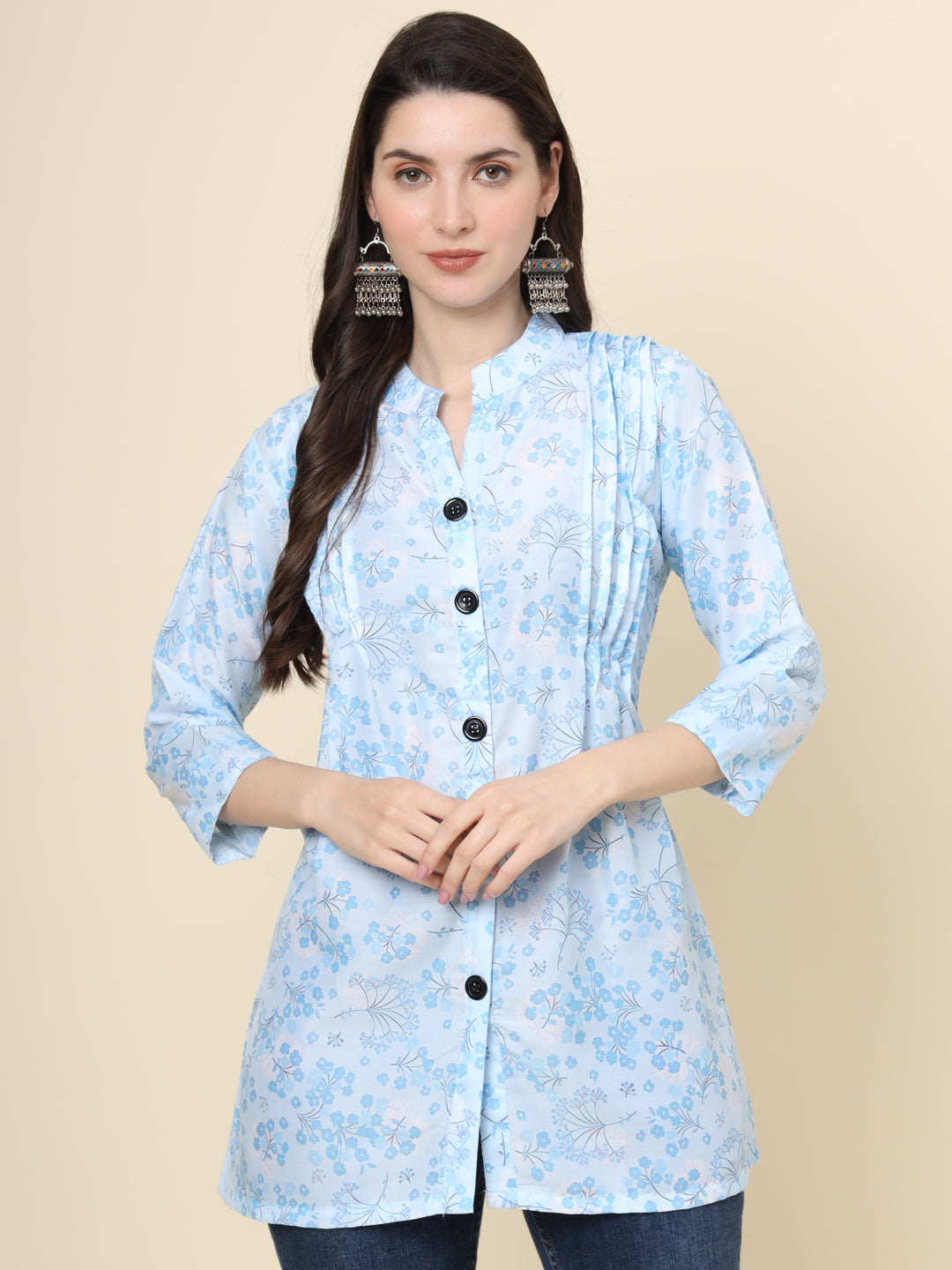 Sky Blue Colored Cotton Printed  Tunic For Women