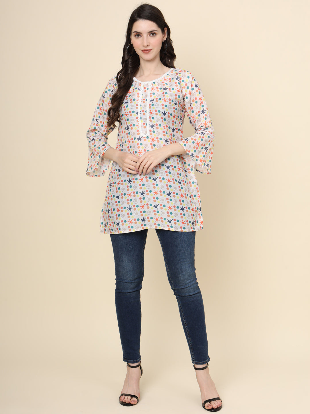 White Colored Cotton Printed  Tunic For Women