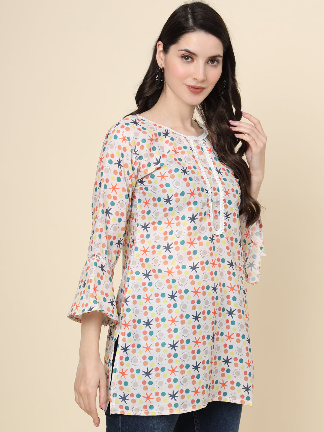 White Colored Cotton Printed  Tunic For Women