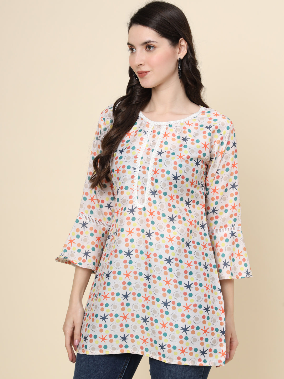 White Colored Cotton Printed  Tunic For Women