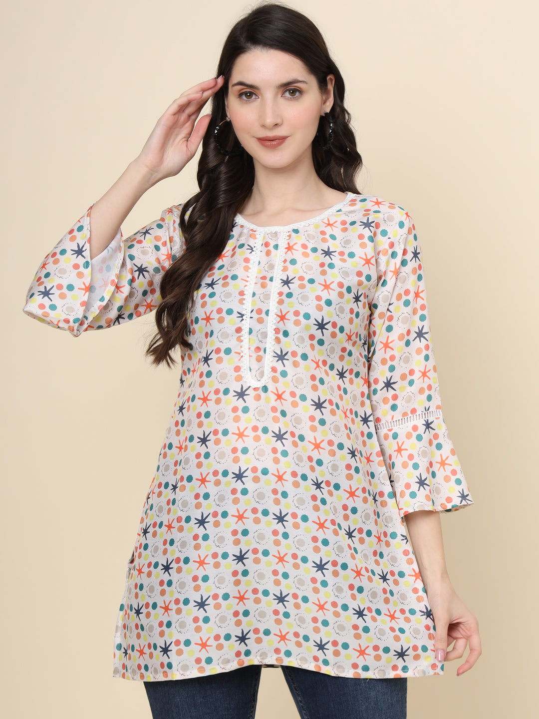 White Colored Cotton Printed  Tunic For Women