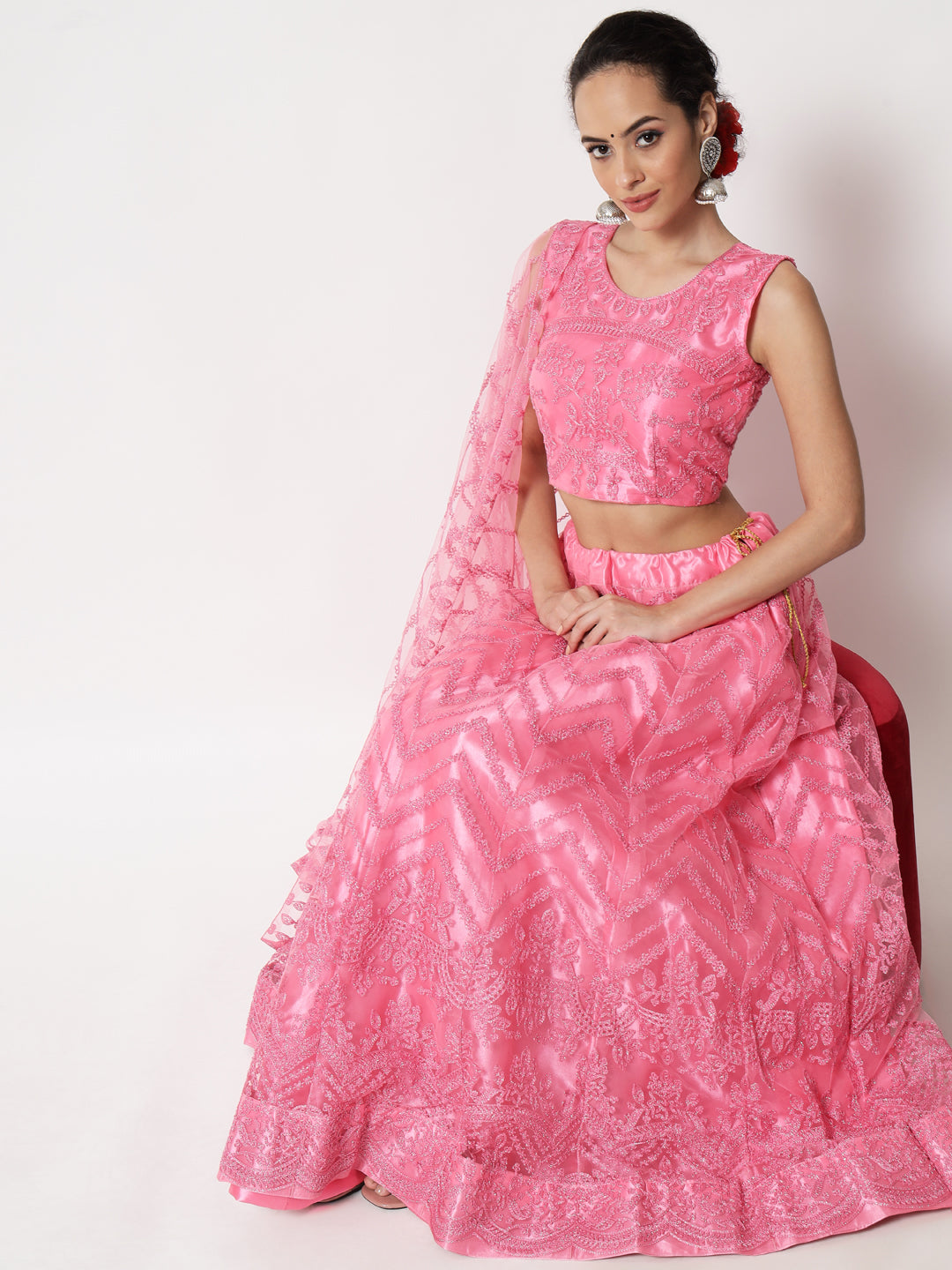 Elina Fashion Pink color Net Embroidery Work  Lehenga Choli for Women