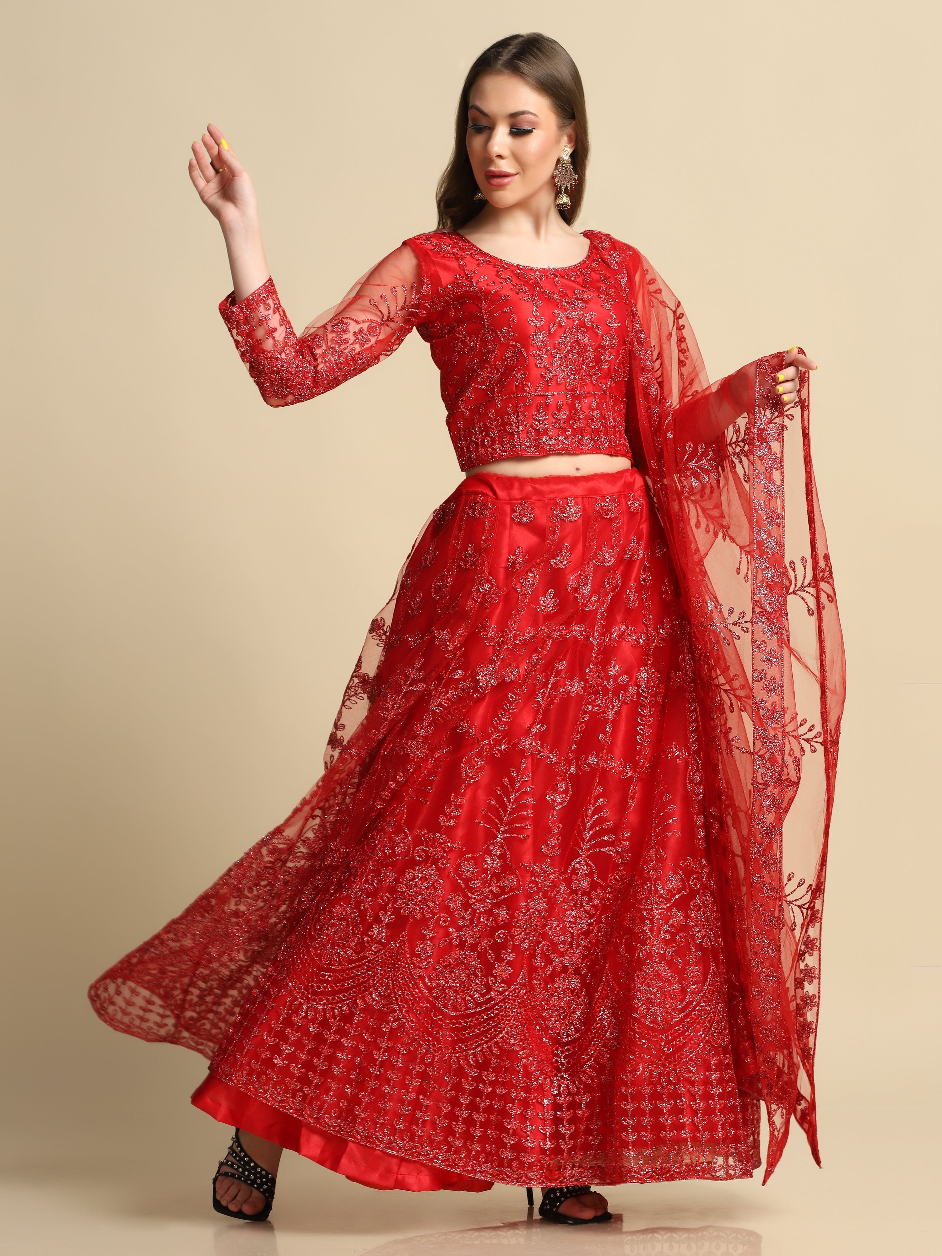 Elina Fashion Red color Net Embroidery Work Lehenga Choli for Women