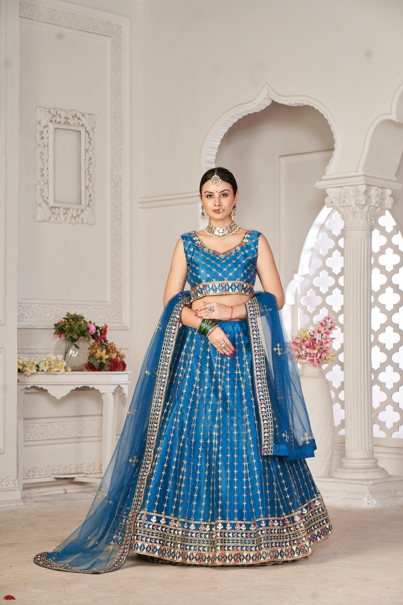 Elina Fashion Teal color Net Embroidery Work Lehenga Choli for Women