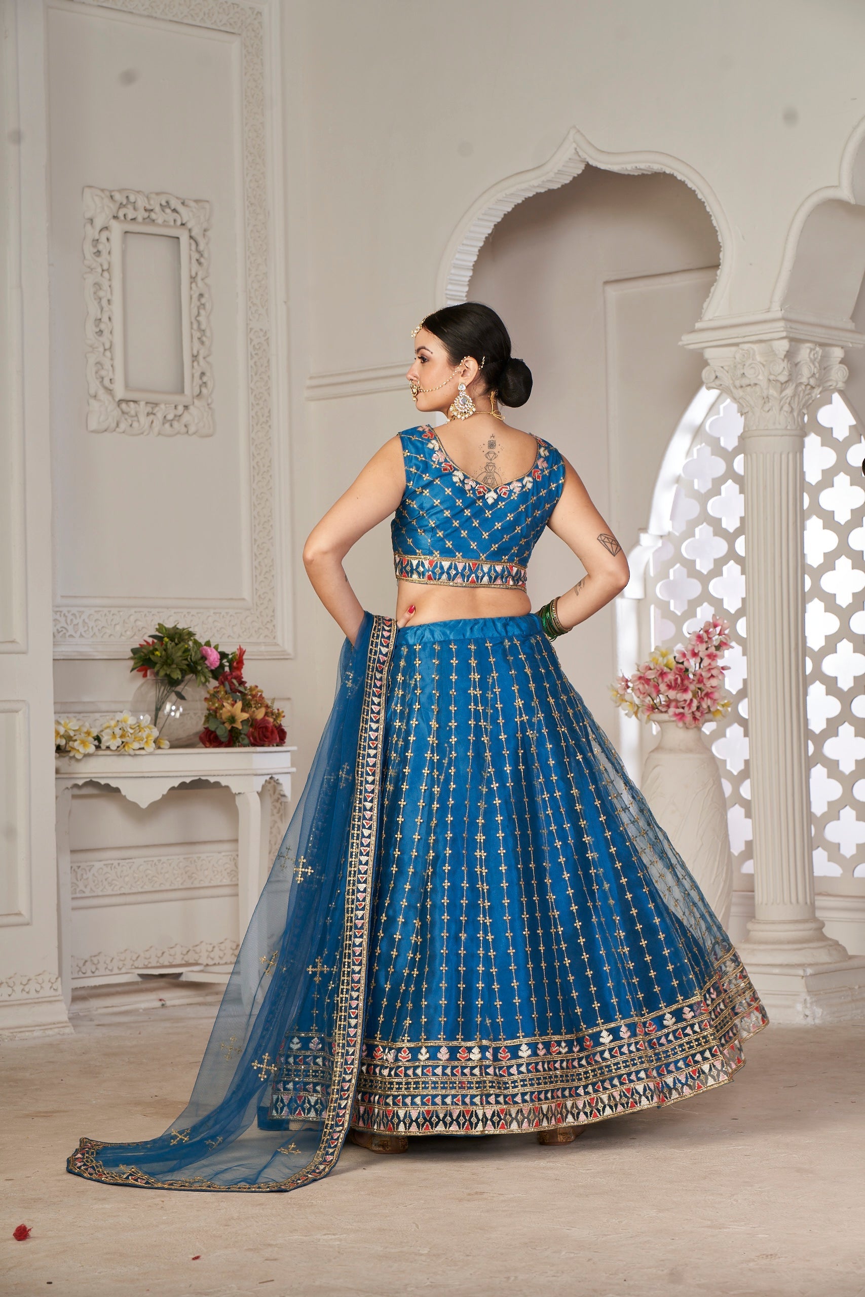 Elina Fashion Teal color Net Embroidery Work Lehenga Choli for Women