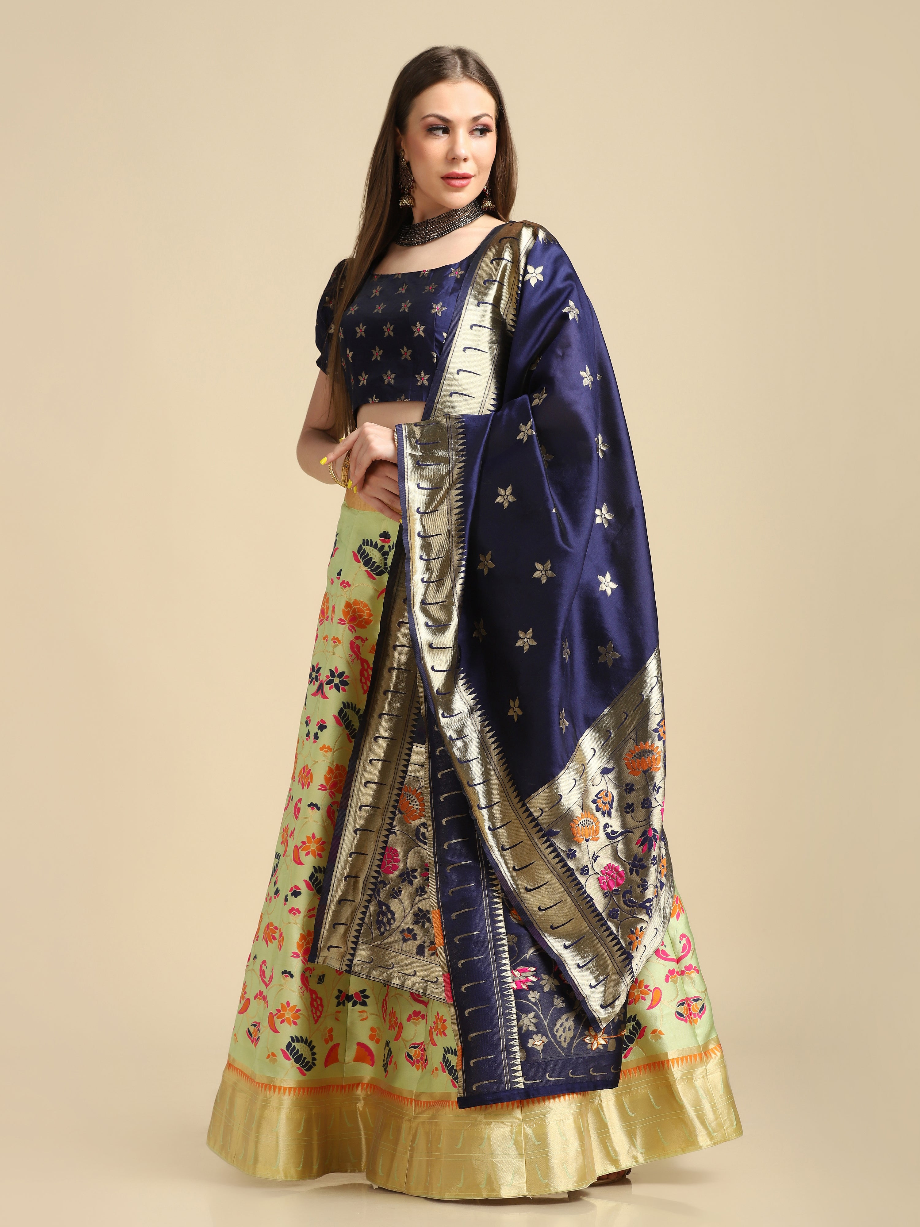 Elina Fashion Blue Color Jacquard Silk Embroidery Work Lehenga Choli for Women