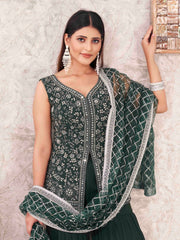 Green Georgette Embroidered Sharara Suit With Bottom and Dupatta