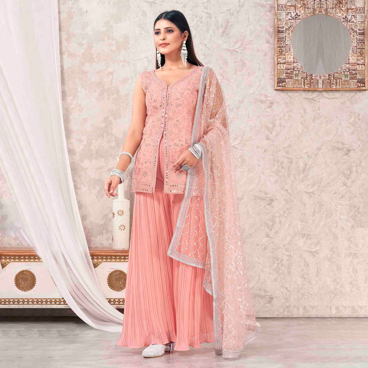 Peach Colored Georgette Embroidered Sharara Suit With Bottom and Dupatta