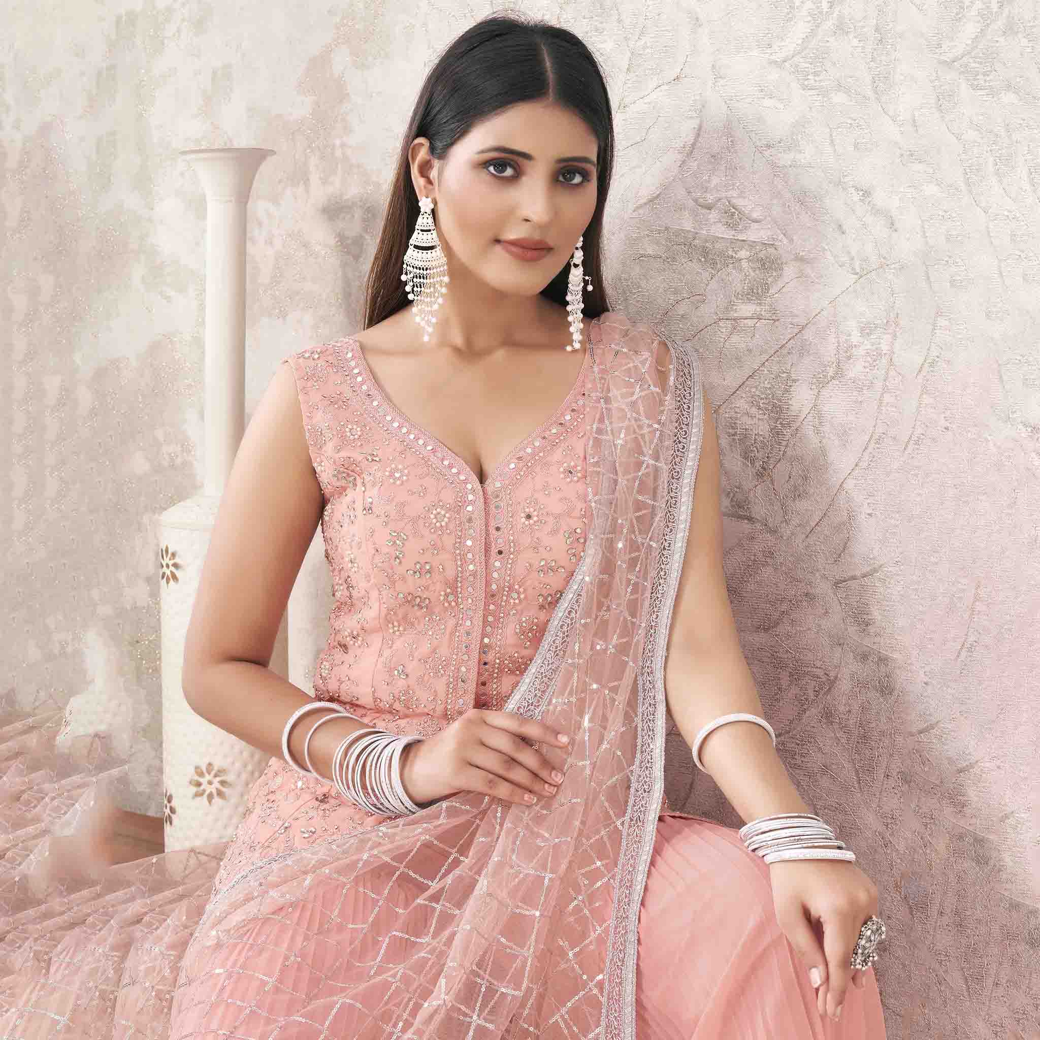 Peach Colored Georgette Embroidered Sharara Suit With Bottom and Dupatta