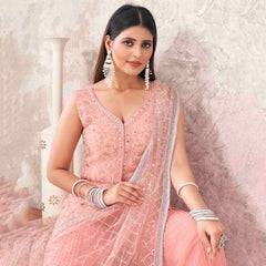 Peach Colored Georgette Embroidered Sharara Suit With Bottom and Dupatta