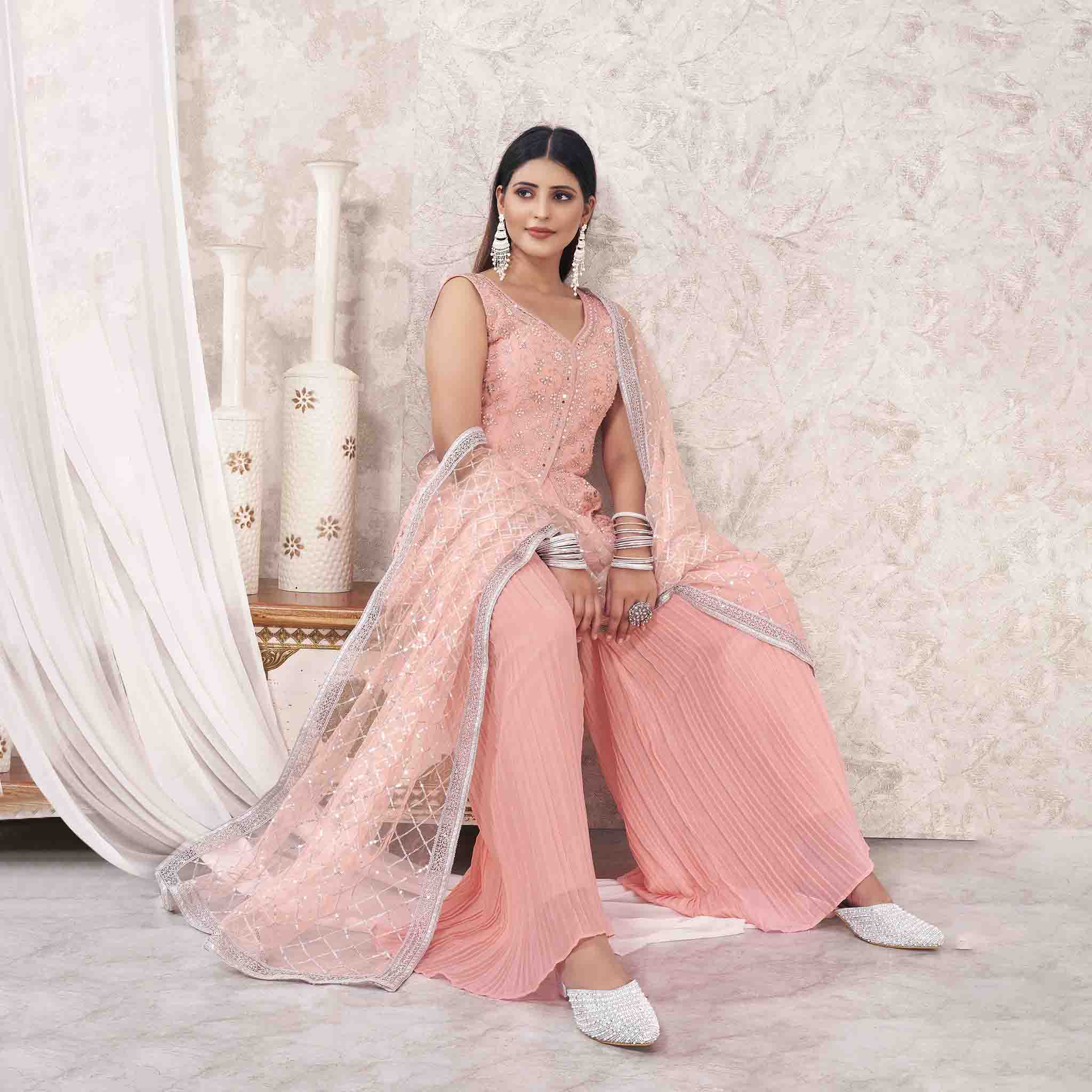 Peach Colored Georgette Embroidered Sharara Suit With Bottom and Dupatta