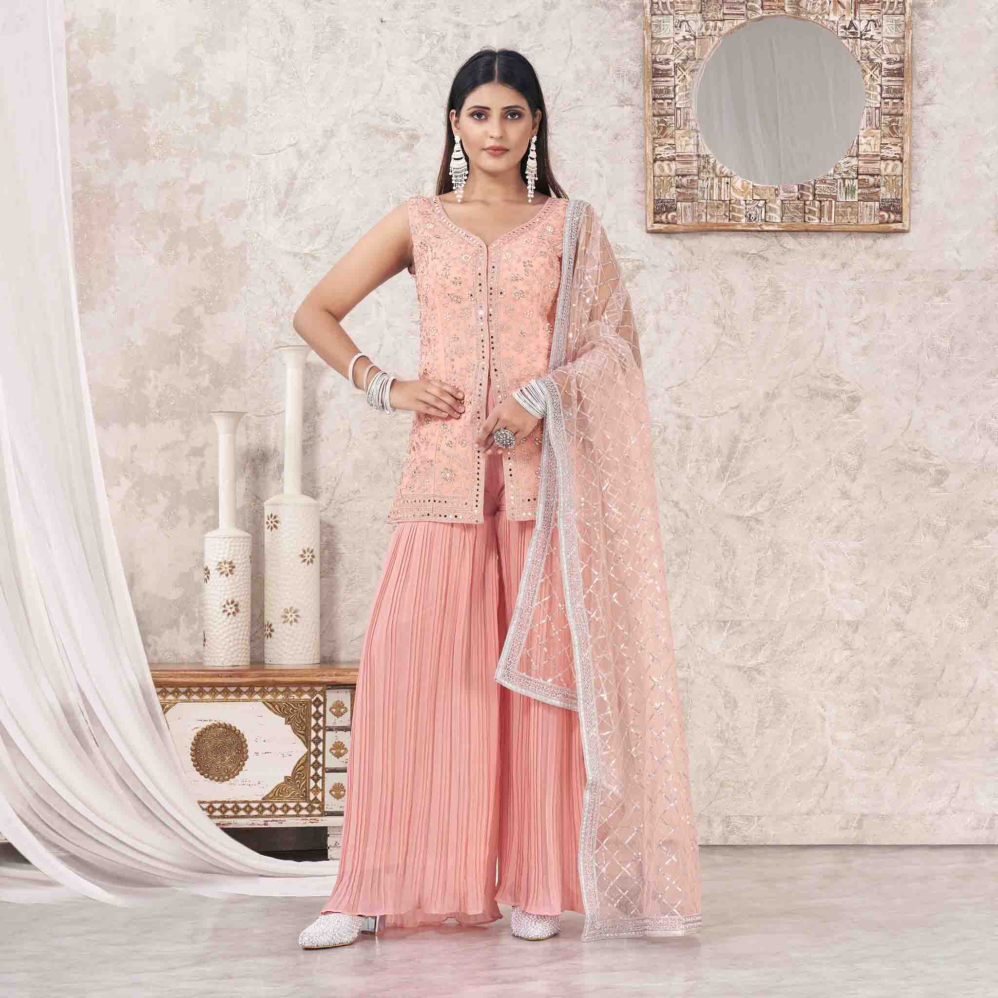 Peach Colored Georgette Embroidered Sharara Suit With Bottom and Dupatta