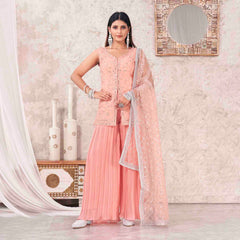 Peach Colored Georgette Embroidered Sharara Suit With Bottom and Dupatta