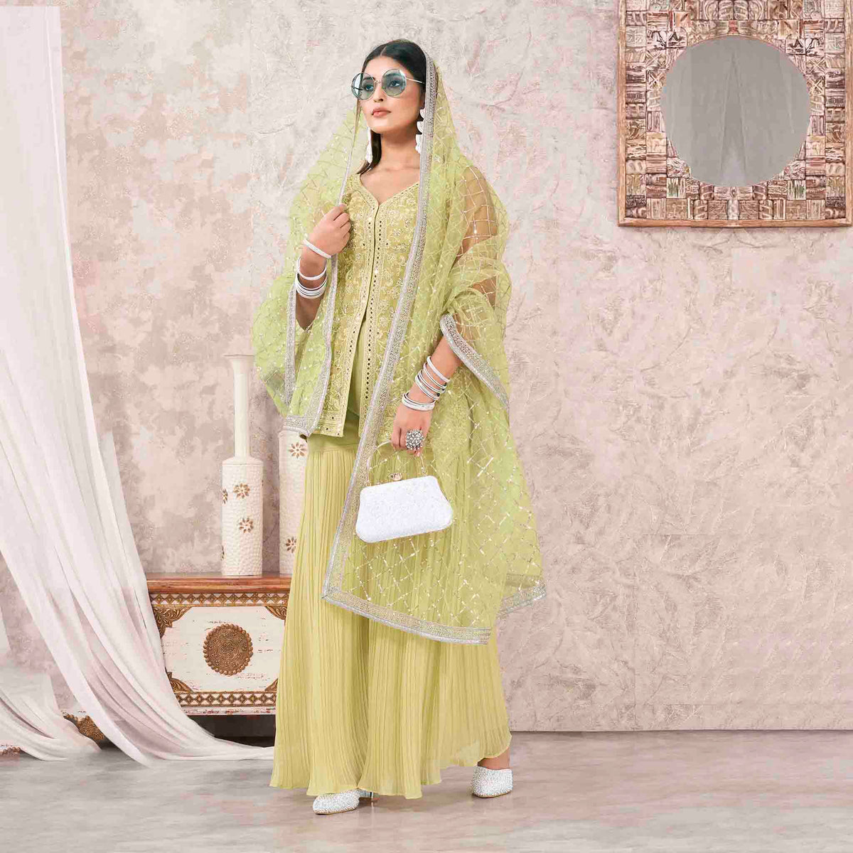 Pista Colored Georgette Embroidered Sharara Suit With Bottom and Dupatta