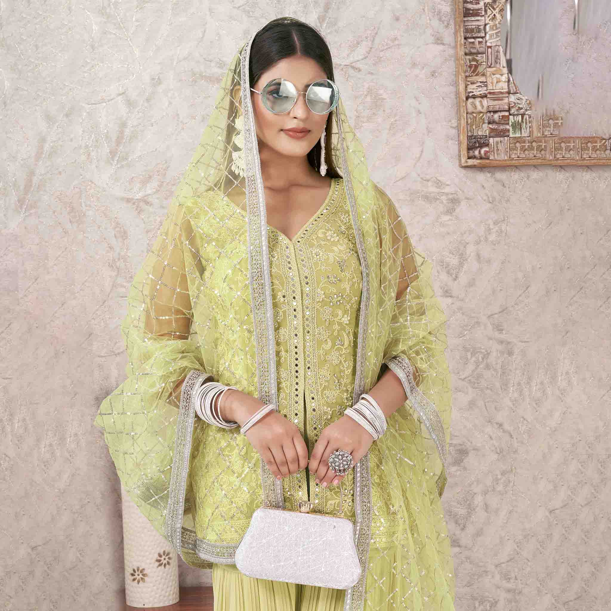 Pista Colored Georgette Embroidered Sharara Suit With Bottom and Dupatta