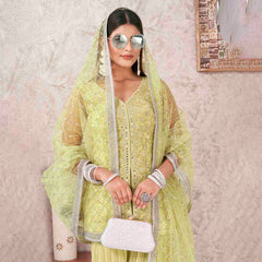 Pista Colored Georgette Embroidered Sharara Suit With Bottom and Dupatta