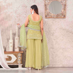 Pista Colored Georgette Embroidered Sharara Suit With Bottom and Dupatta