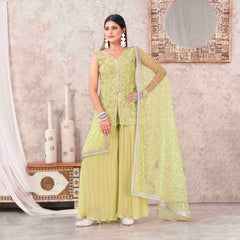 Pista Colored Georgette Embroidered Sharara Suit With Bottom and Dupatta