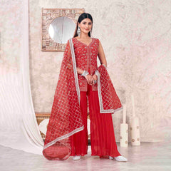 Red Colored Georgette Embroidered Sharara Suit With Bottom and Dupatta