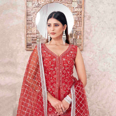 Red Colored Georgette Embroidered Sharara Suit With Bottom and Dupatta