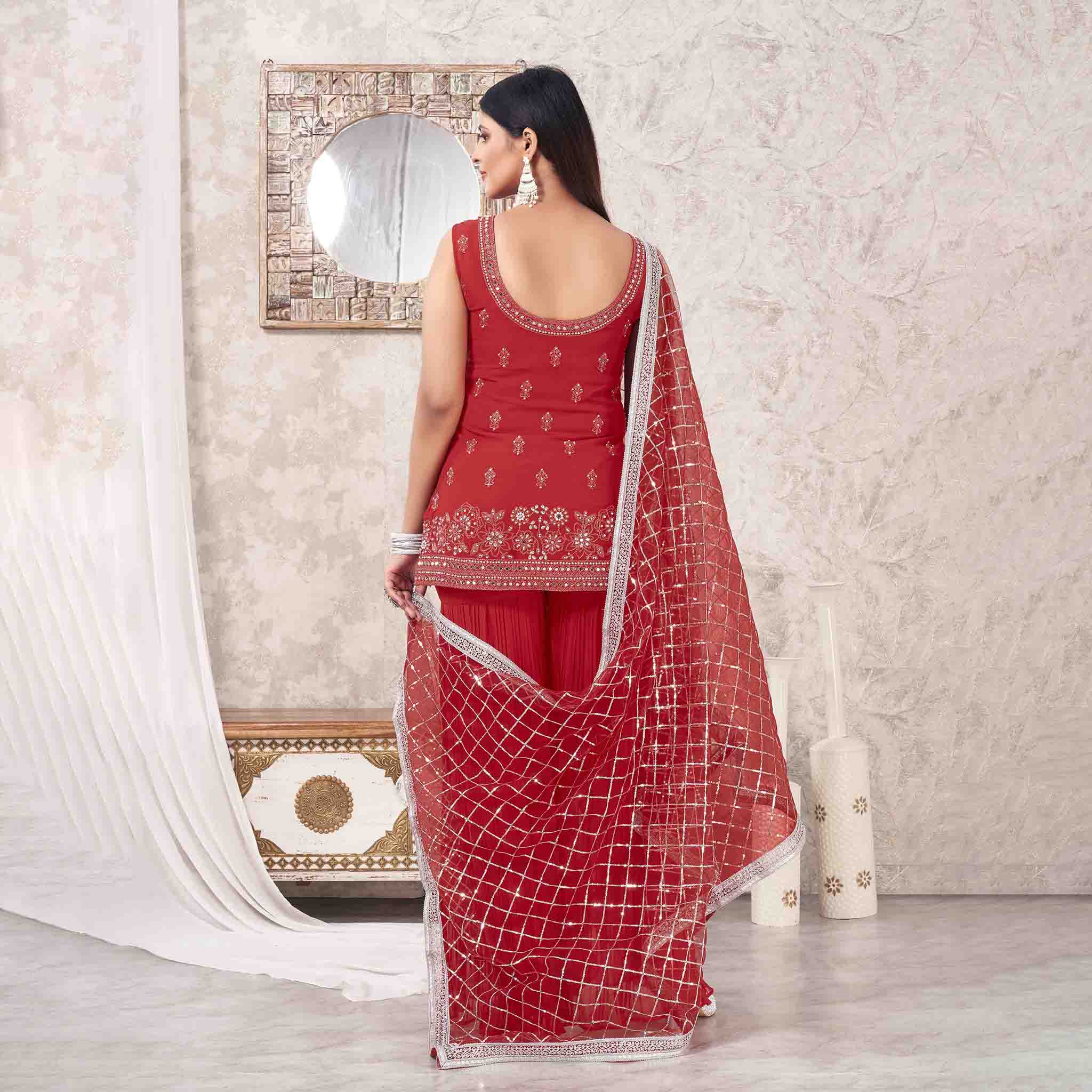 Red Colored Georgette Embroidered Sharara Suit With Bottom and Dupatta