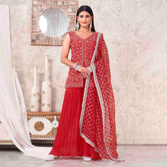 Red Colored Georgette Embroidered Sharara Suit With Bottom and Dupatta