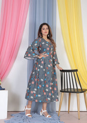 Grey Colored Crepe Designer Printed Ready to Wear Gown For Women