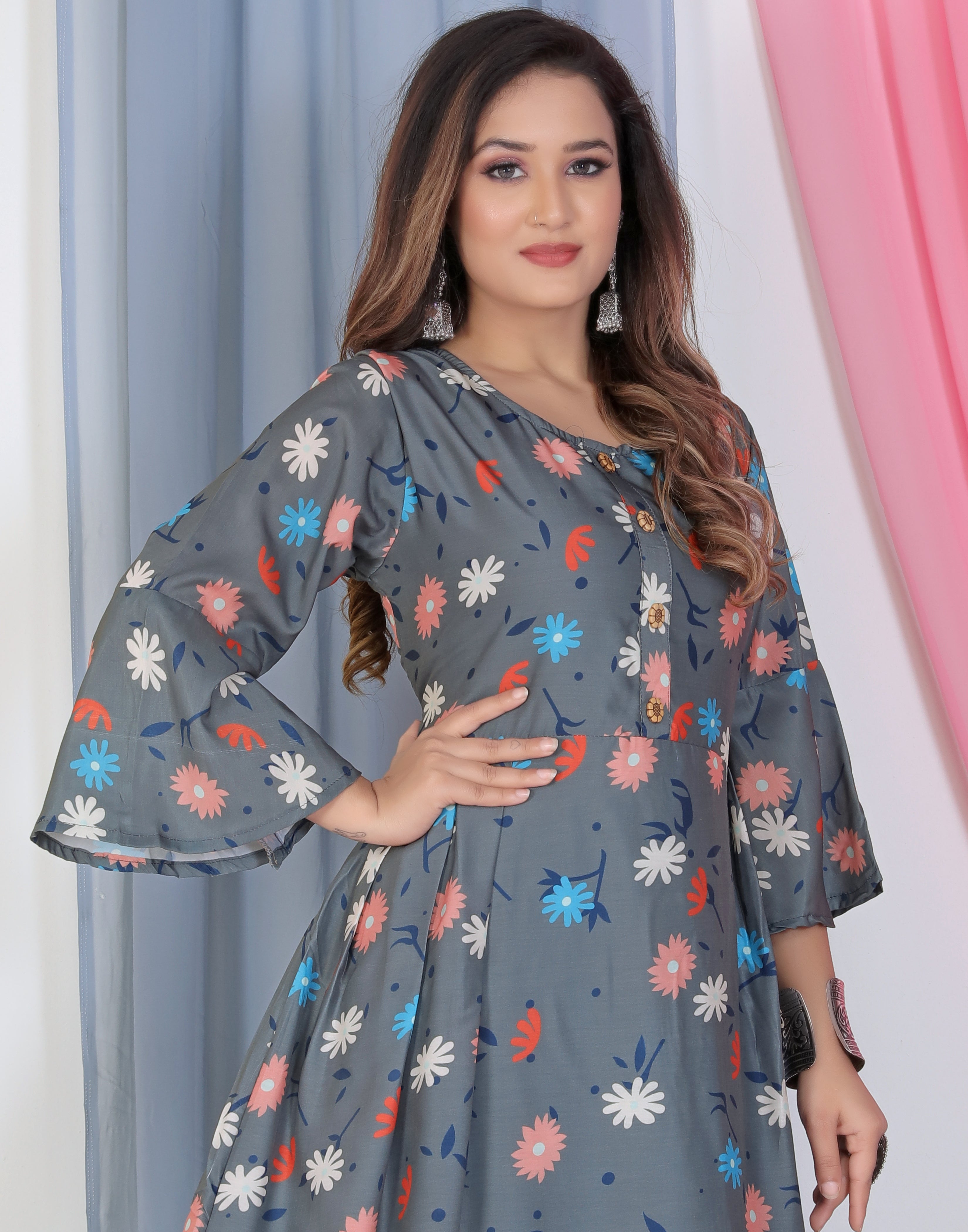 Grey Colored Crepe Designer Printed Ready to Wear Gown For Women