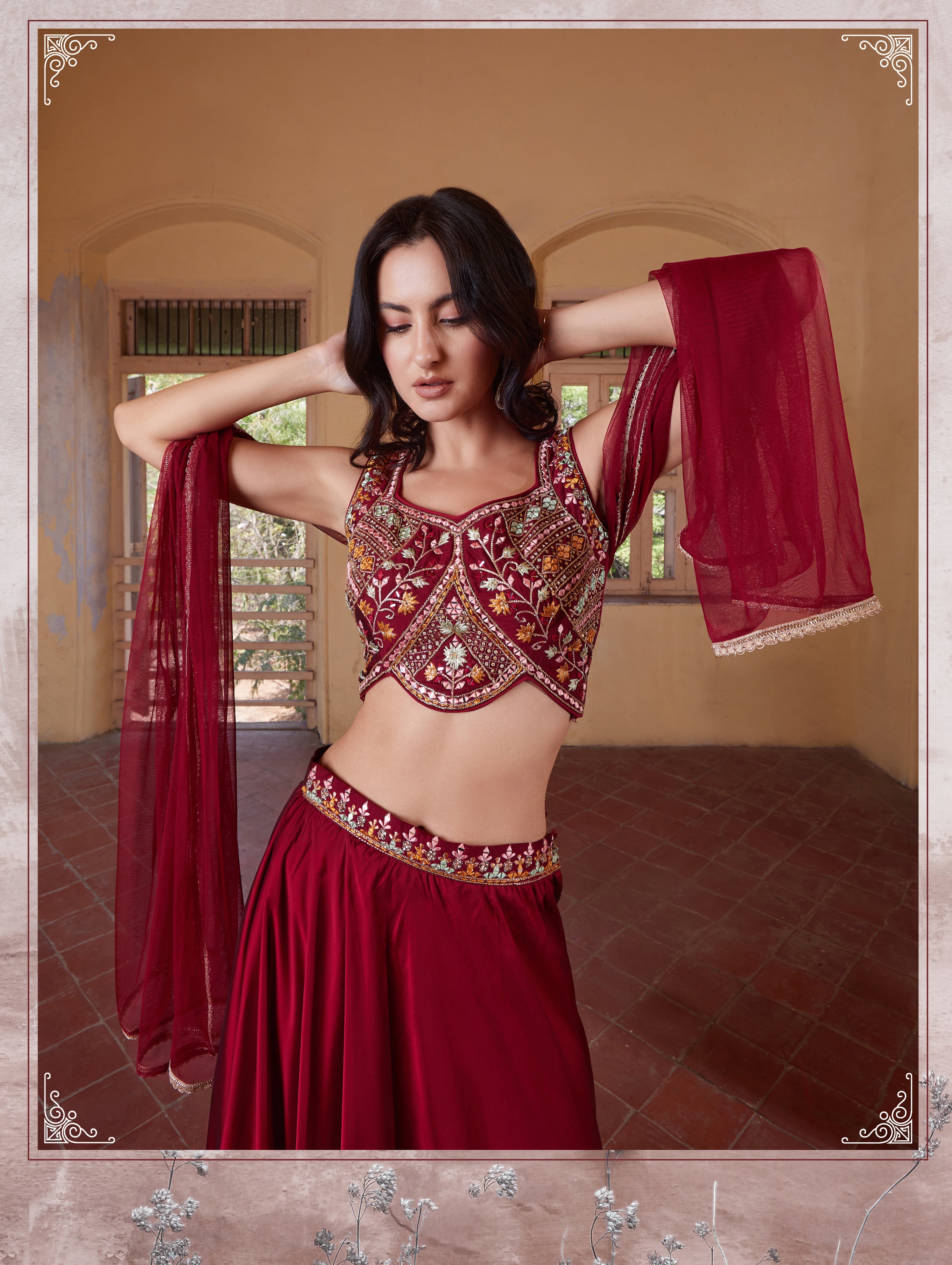 Maroon Colored Ready to Wear Rangoli Mirror Embroidered  Lehenga Choli For Women