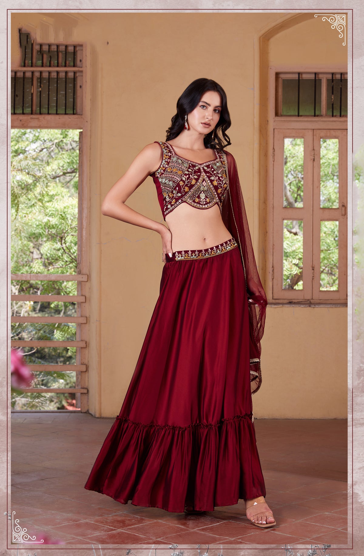 Maroon Colored Ready to Wear Rangoli Mirror Embroidered  Lehenga Choli For Women