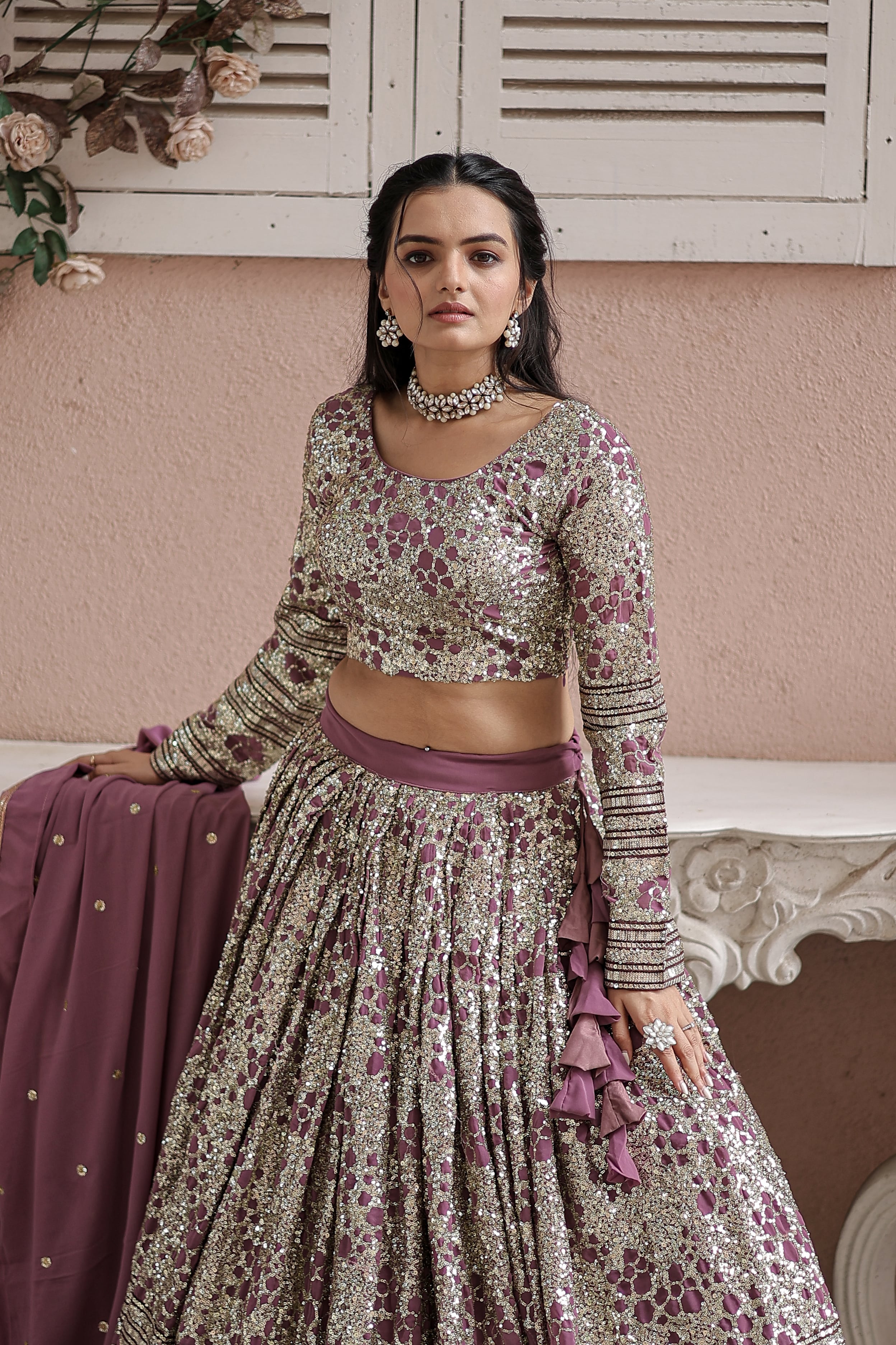 Elina Fashion Wine color Faux Georgette Embroidery Work Ready To Wear Lehenga Choli for Women