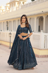 Elina Fashion Teal Blue color Faux Georgette Embroidery Work Ready To Wear Lehenga Choli for Women