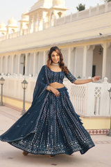 Elina Fashion Teal Blue color Faux Georgette Embroidery Work Lehenga Choli for Women