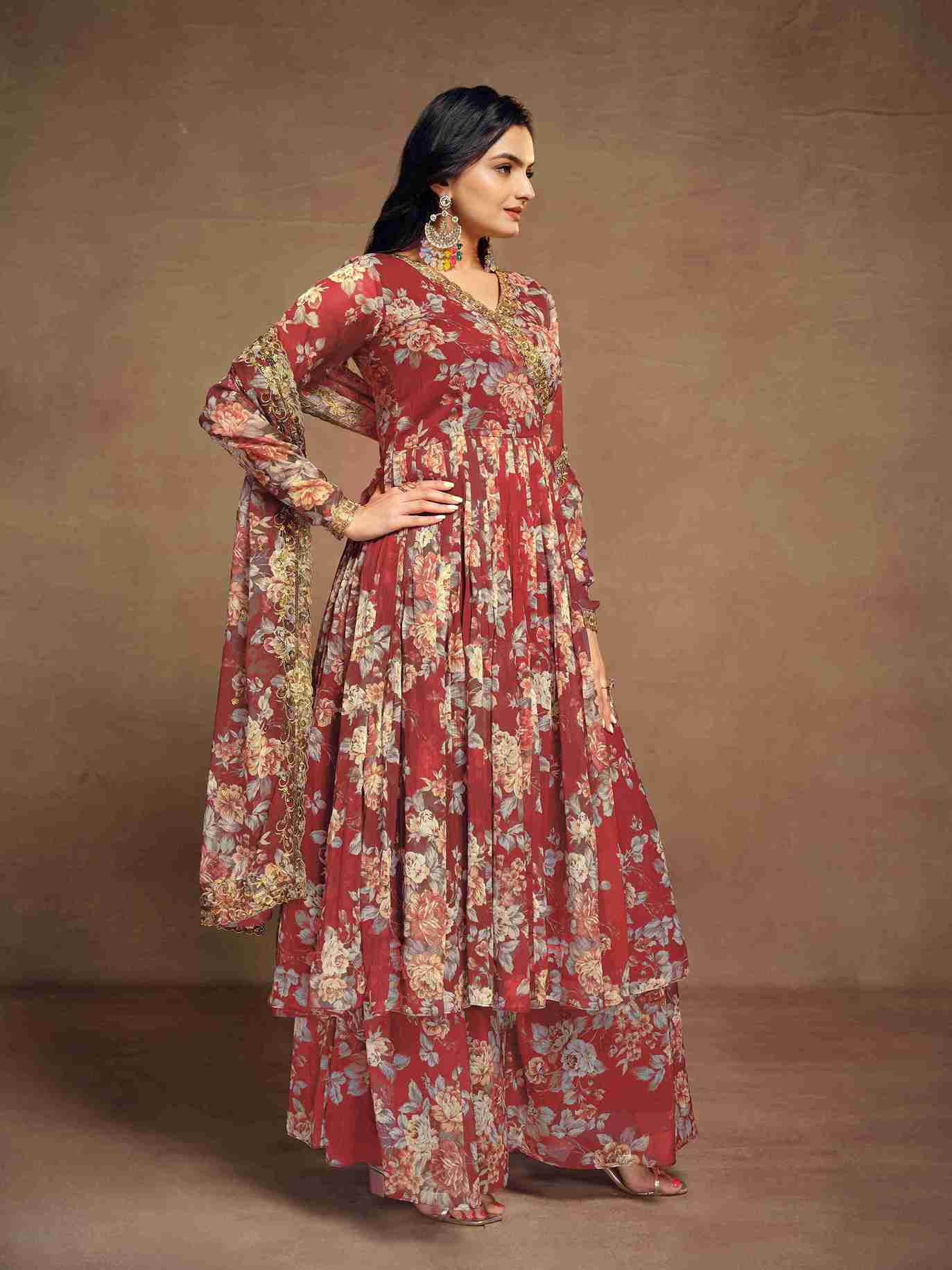 Brown Colored Ready to Wear Chiffon Printed Salwar Suit with Bottom Dupatta