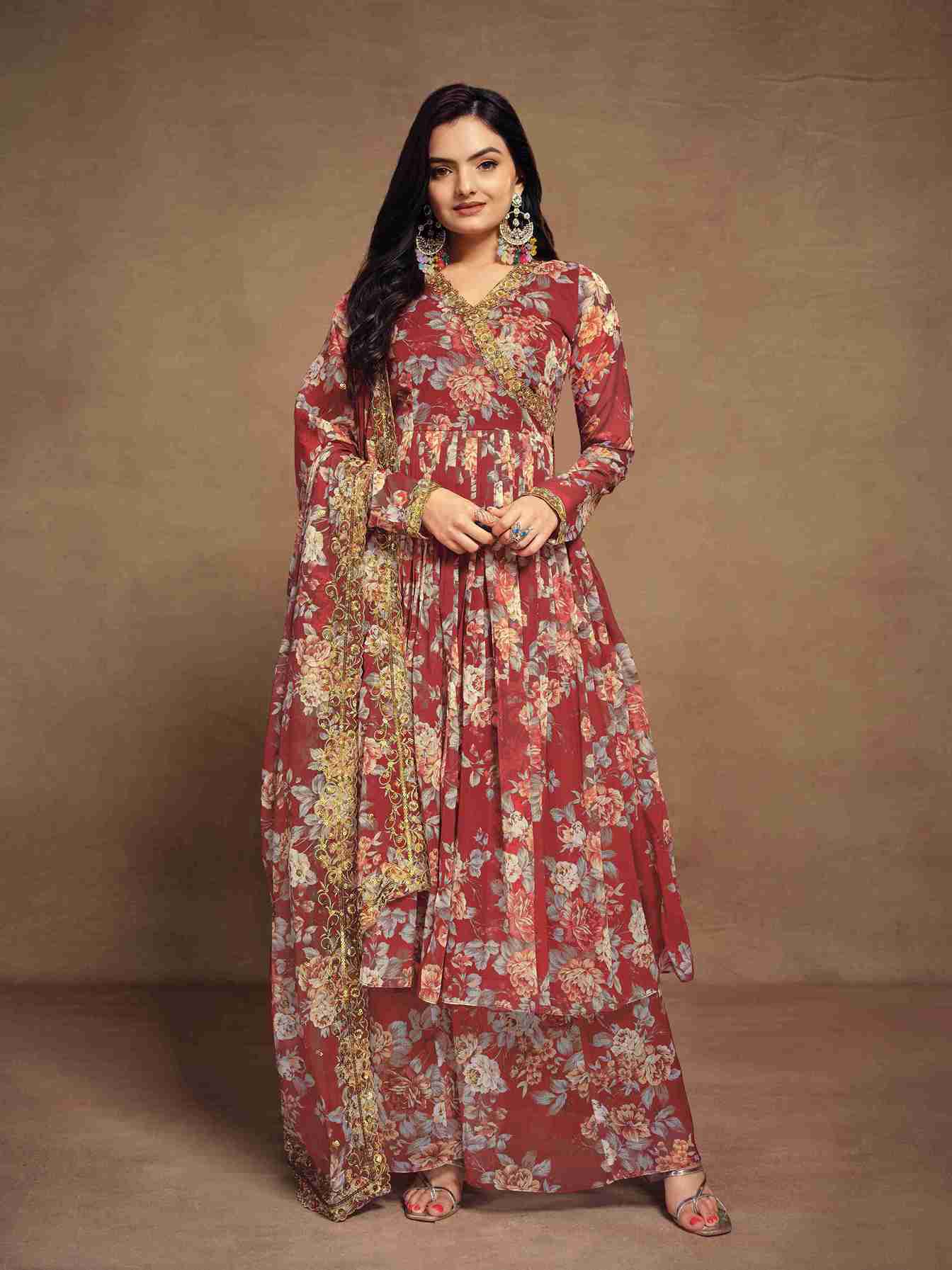 Brown Colored Ready to Wear Chiffon Printed Salwar Suit with Bottom Dupatta