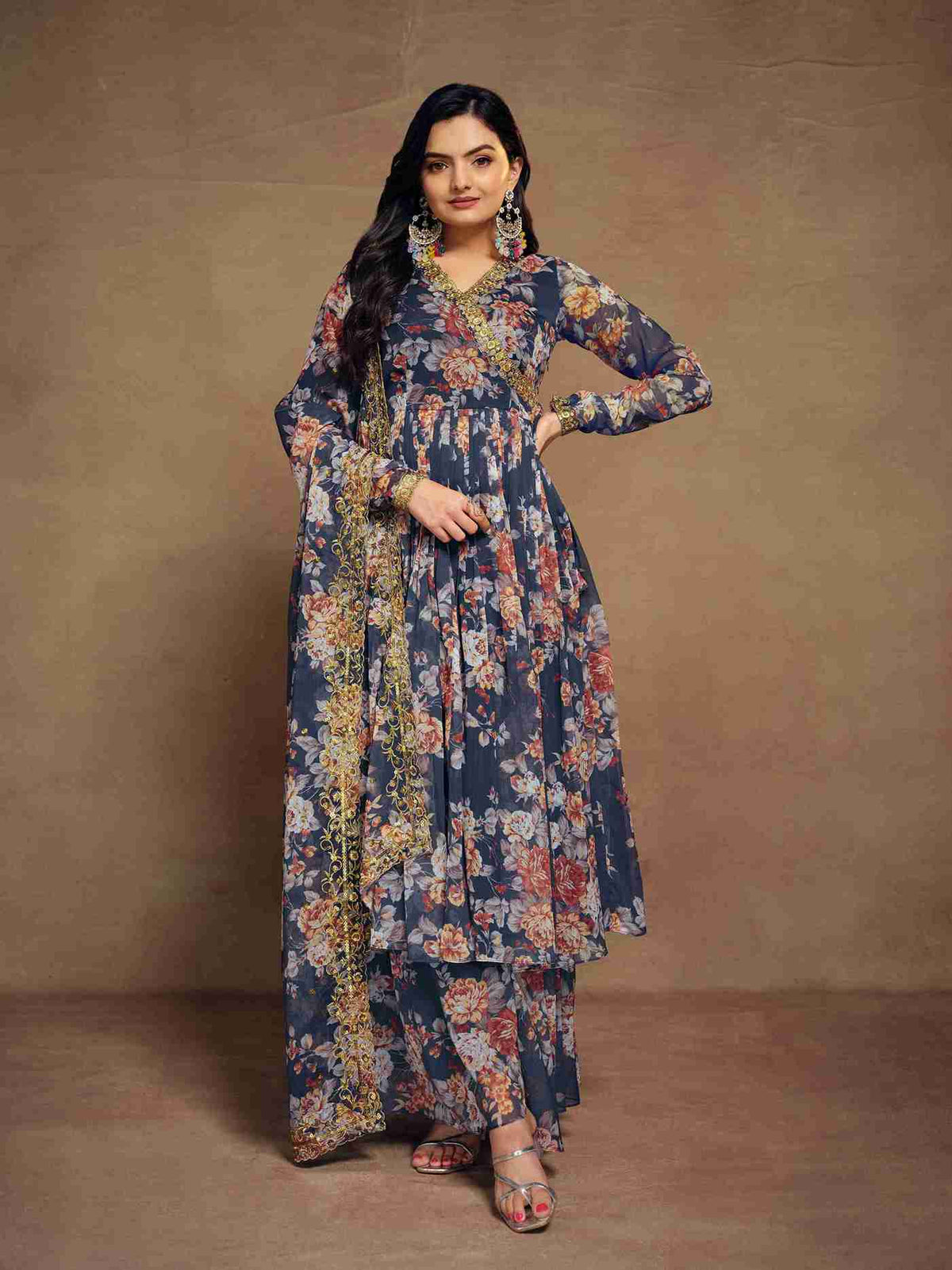 Blue Ready to Wear Chiffon Printed Salwar Suit with Bottom Dupatta