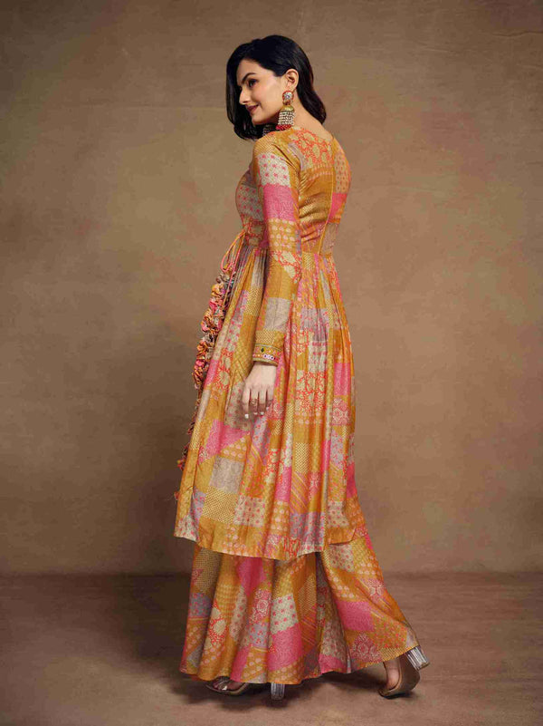 Mustard Colored Muslin Designer Printed Angrakha Style Cord Set With Tassels Details