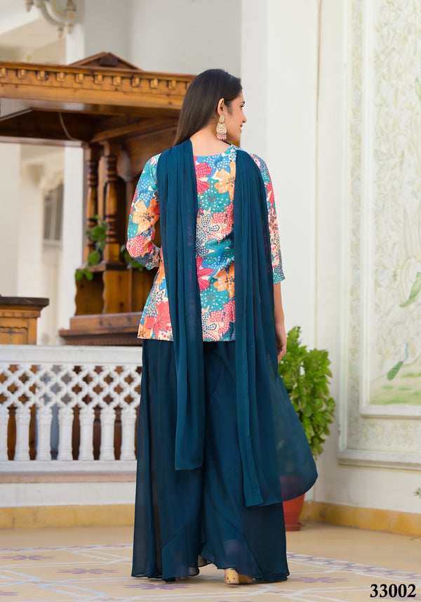 Sky Blue Colored Satin Hand Work Palazoo Salwar Suit With Bottom Dupatta