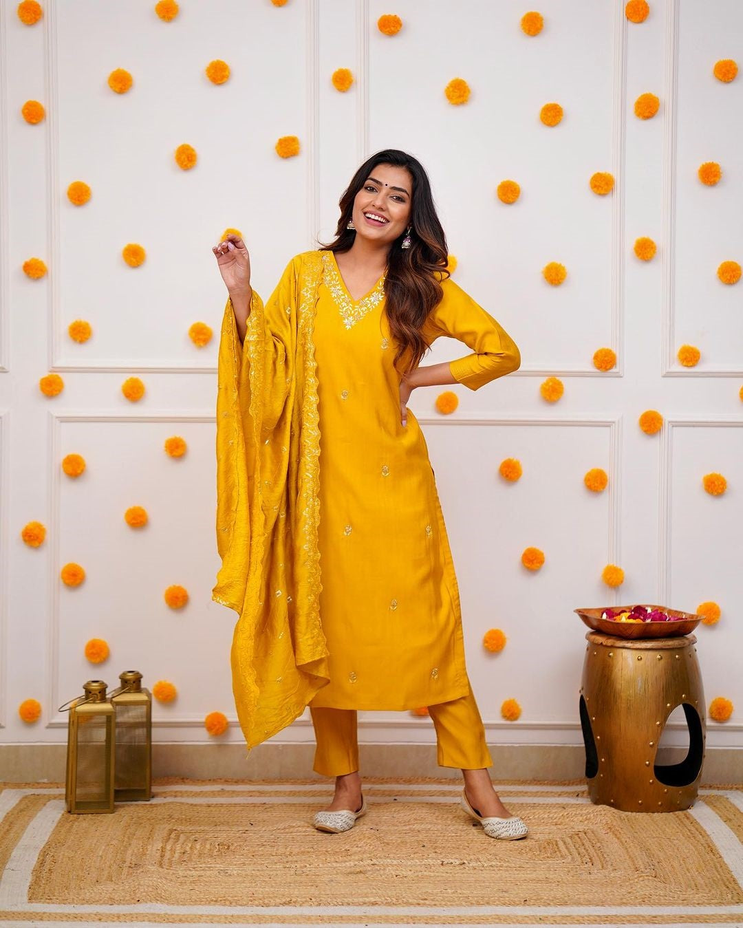 Mustard Viscose Chanderi Embroidered Salwar Suit With Pant Dupatta