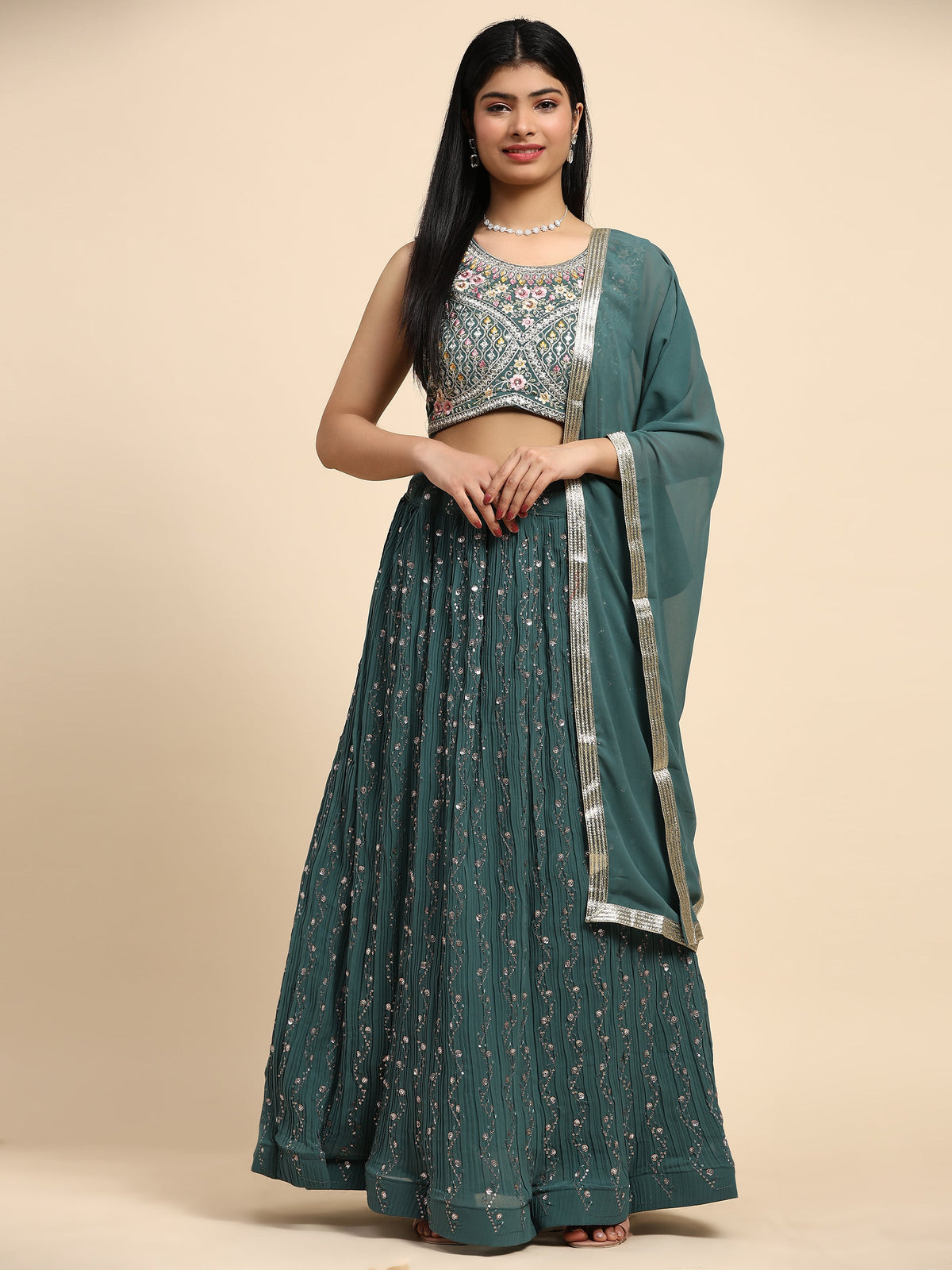 Elina Fashion Green color Georgette Embroidery Work Ready To Wear Lehenga Choli for Women