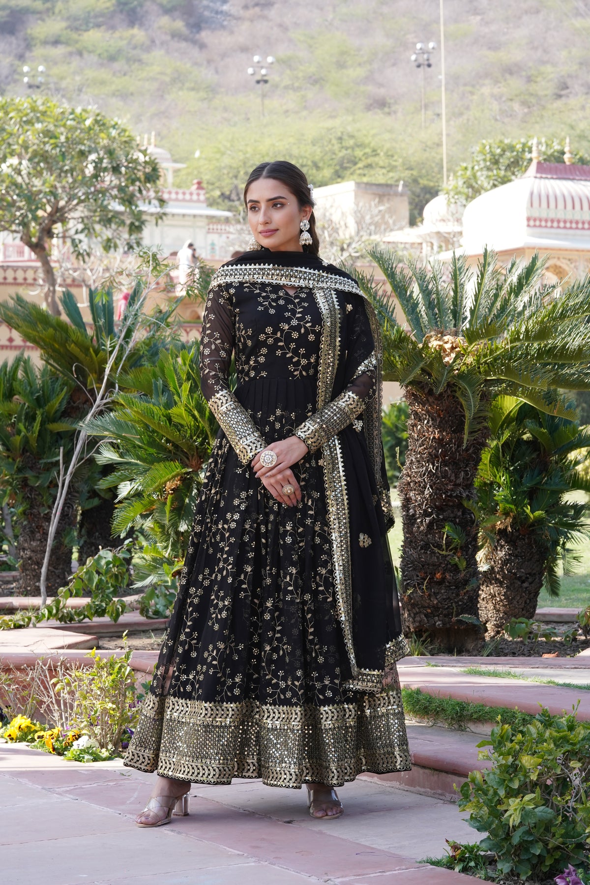 Black Colored Sequins Embroidery Work Flared Anarkali Gown With Dupatta