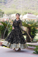 Black Colored Sequins Embroidery Work Flared Anarkali Gown With Dupatta