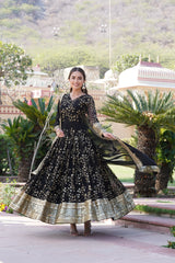 Black Colored Sequins Embroidery Work Flared Anarkali Gown With Dupatta