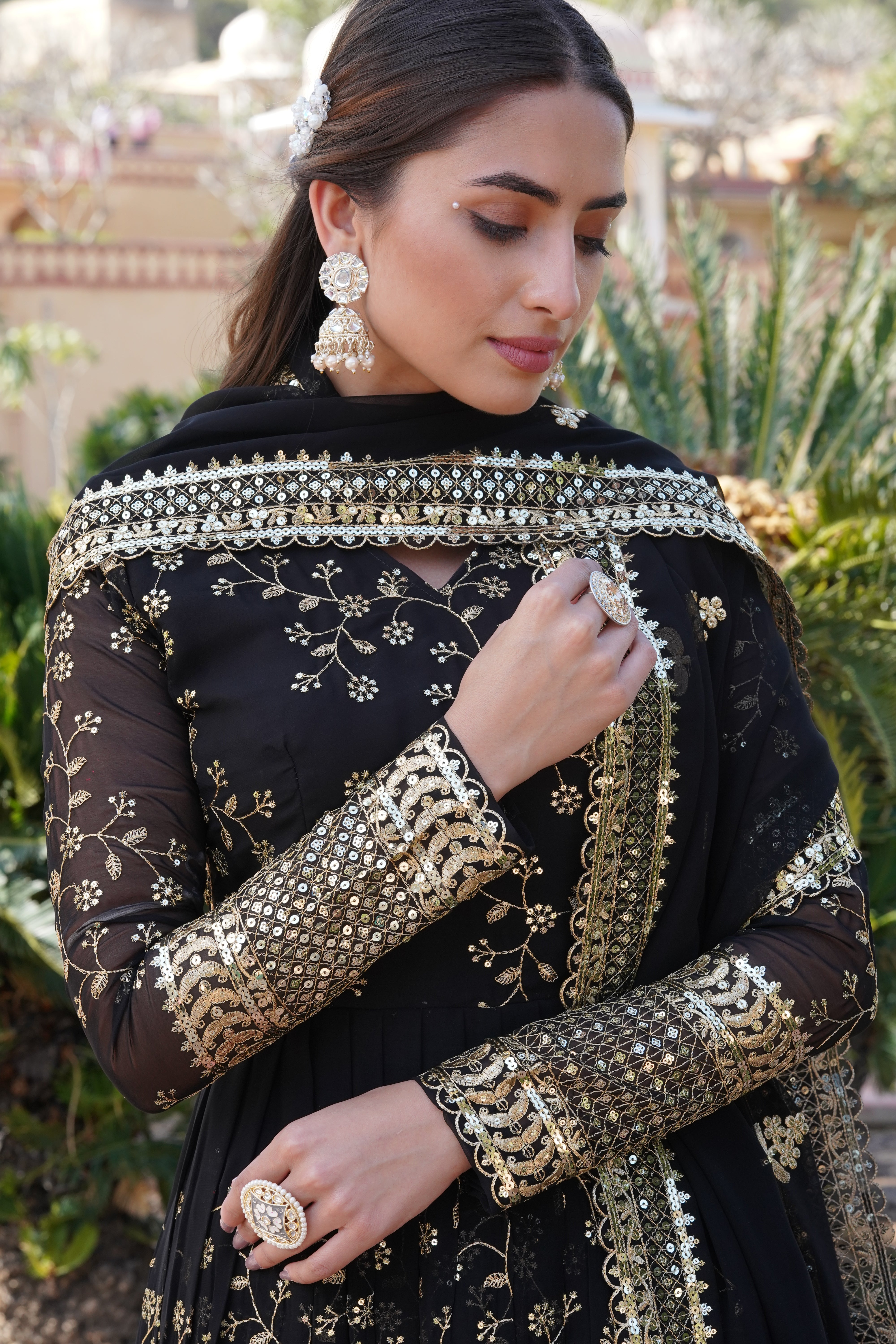 Black Colored Sequins Embroidery Work Flared Anarkali Gown With Dupatta